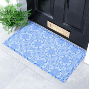 Blue Floral Pattern Indoor & Outdoor Doormat - 70x40cm