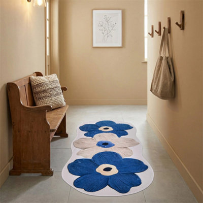 Blue Floral Pattern Irregular-Shaped Faux Cashmere Rug with Non-Slip ...