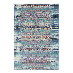 Blue Floral Rug, Traditional Luxurious Rug, Stain-Resistant Rug for Bedroom, Living Room, & Dining Room-115cm (Circle)