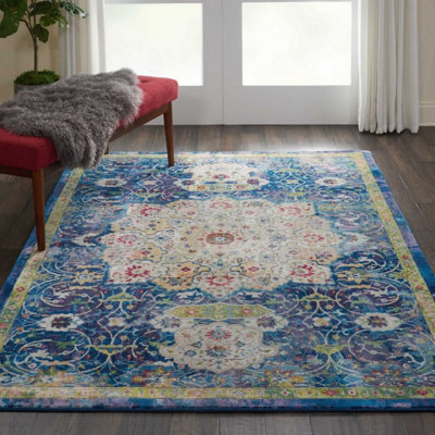 Blue Floral Traditional Easy to Clean Rug for Living Room Bedroom and ...