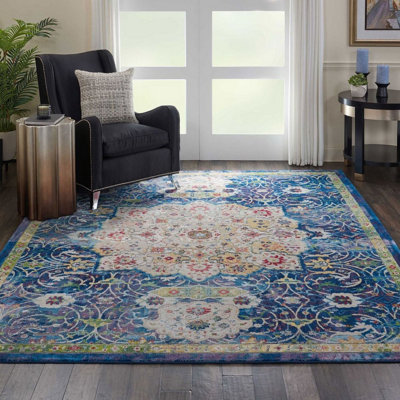 Blue Floral Traditional Easy to Clean Rug for Living Room Bedroom and Dining Room-122cm (Circle)