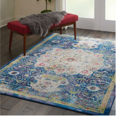 Blue Floral Traditional Easy to Clean Rug for Living Room Bedroom and ...