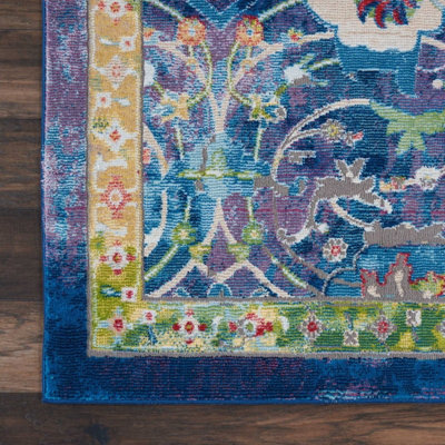 Blue Floral Traditional Easy to Clean Rug for Living Room Bedroom and ...