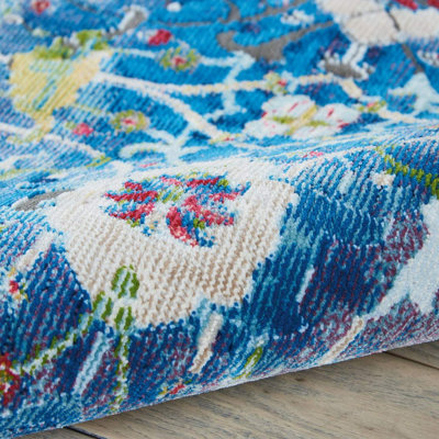 Blue Floral Traditional Easy to Clean Rug for Living Room Bedroom and ...