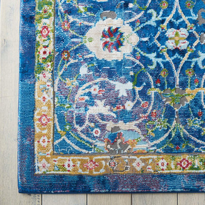 Blue Floral Traditional Easy to Clean Rug for Living Room Bedroom and ...