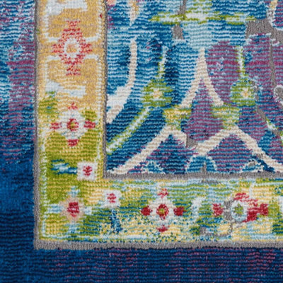 Blue Floral Traditional Easy to Clean Rug for Living Room Bedroom and ...