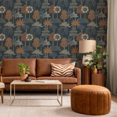 Blue Floral Tropical Wallpaper Botanical Features Forest Trees Leaves Metallic Shimmer