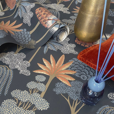 Blue Floral Tropical Wallpaper Botanical Features Forest Trees Leaves ...