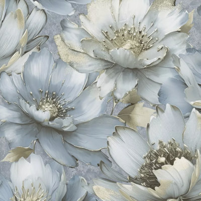 Blue Floral Wallpaper 3D Effect Metallic Shimmer Feature Wall Living Room Study 10M ROLL