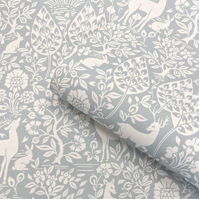 Blue Floral Wallpaper Deer Rabbits Leaves Slightly Textured Feature Wall Bedroom