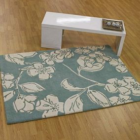 Blue Floral Wool Handmade Modern Easy to Clean Bedroom Dining Room And Living Room Rug -120cm X 170cm