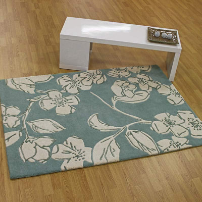 Blue Floral Wool Handmade Modern Easy to Clean Bedroom Dining Room And ...