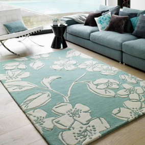 Blue Floral Wool Handmade Modern Easy to Clean Bedroom Dining Room And Living Room Rug -160cm X 230cm