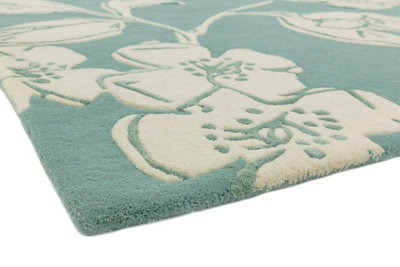 Blue Floral Wool Handmade Modern Easy to Clean Bedroom Dining Room And Living Room Rug -200cm X 300cm
