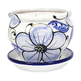 Blue Flowers Hand Painted Outdoor Garden Bola Pot & Drainage Plate (D) 25cm