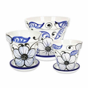 Blue Flowers Hand Painted Set of 3 Classic Pots & Drainage Plates (D) 16-29cm