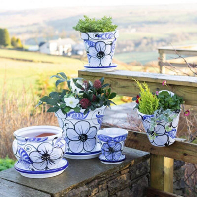 Blue Flowers Hand Painted Set of 3 Classic Pots & Drainage Plates (D ...