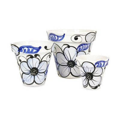 Blue Flowers Hand Painted Set of 3 Outdoor Garden Classic Plant Pots (D) 16-29cm