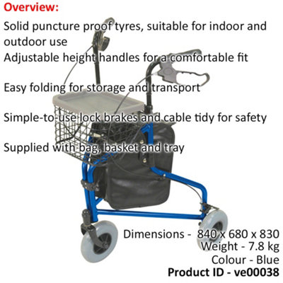 Blue Foldable Aluminium Tri-Walker - Bag AND Basket Included 132kg Weight Limit