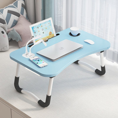 Blue Foldable Laptop Bedside Table With USB Port