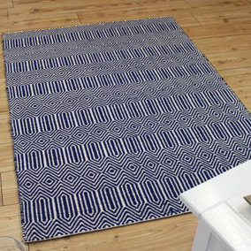 Blue Geometric Handmade Modern Wool Easy To Clean Rug Dining Room Bedroom And Living Room-66 X 200cm (Runner)