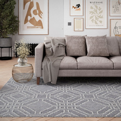 Blue Geometric Tile Textured 3D Pile Living Area Rug 200x290cm