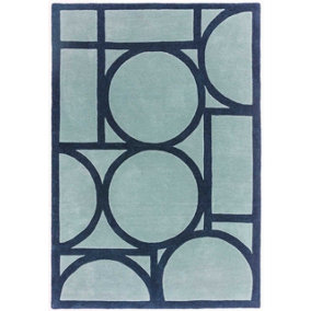 Blue Geometric Wool Bordered Handmad Rug For Bedroom & Living Room-120cm X 170cm