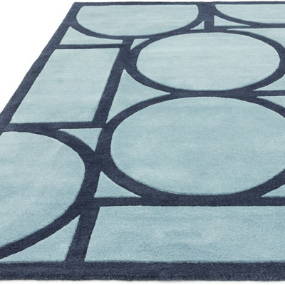 Blue Geometric Wool Bordered Handmad Rug For Bedroom & Living Room ...