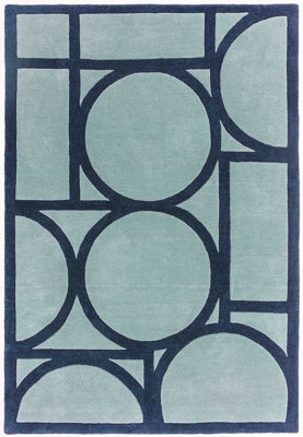 Blue Geometric Wool Bordered Handmad Rug For Bedroom & Living Room-200cm X 290cm