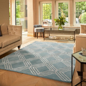 Blue Geometric Wool Handmade , Luxurious , Modern Rug for Living Room and Bedroom-120cm X 170cm