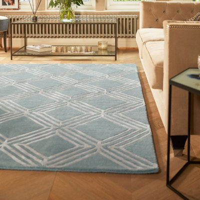 Blue Geometric Wool Handmade , Luxurious , Modern Rug for Living Room ...