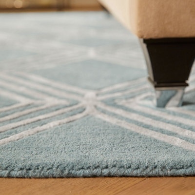 Blue Geometric Wool Handmade , Luxurious , Modern Rug for Living Room ...