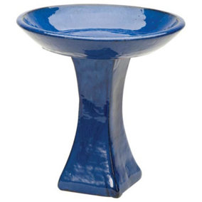 Blue Glazed Ceramic Bird Bath Glossy Outdoor Garden Water Feature Bird Table
