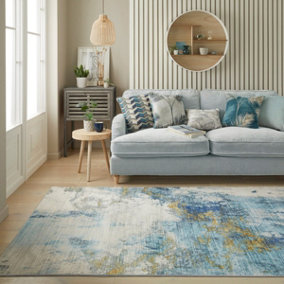 Blue Gold Abstract Polyester Soft Modern Living Room, BedroomRug - 160cm X 230cm