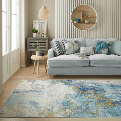 Blue Gold Abstract Polyester Soft Modern Living Room, BedroomRug ...