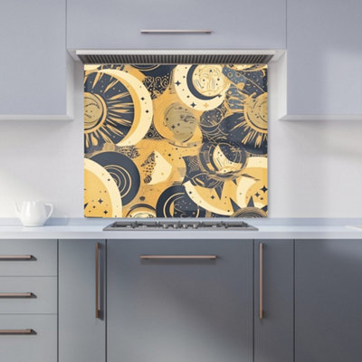 Blue Gold Moon and Sun Premium Glass Kitchen Splashback W600mm x H650mm