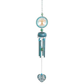Blue & Gold Tree of Life Windchime - Metal & Glass Hanging Outdoor Garden Wind Chime Decoration - Measures H73 x W9 x D10cm