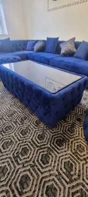 Blue & Gold Velvet Chesterfield Footstool Plush Velvet 120x60cm With Glass