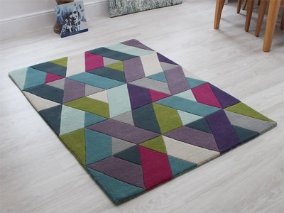 Blue Green Geometric Funky Handmade Luxurious Modern Wool Rug For ...
