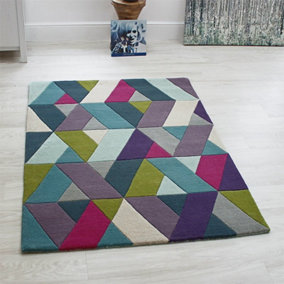 Blue Green Geometric Funky Handmade Luxurious Modern Wool Rug For Living Room and Bedroom-170cm X 240cm
