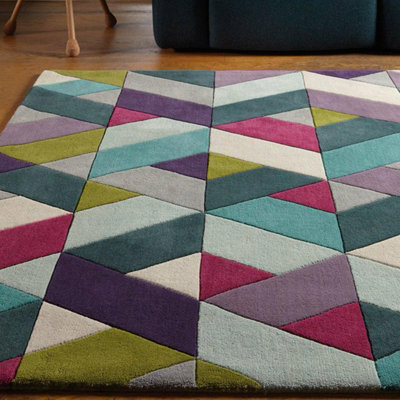 Blue Green Geometric Funky Handmade Luxurious Modern Wool Rug For Living Room and Bedroom-70 X 200cm (Runner)