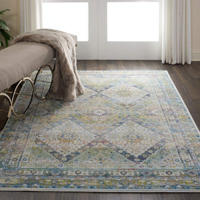 Blue Green Traditional Persian Easy to Clean Floral Rug For Dining Room Bedroom And Living Room-160cm X 229cm