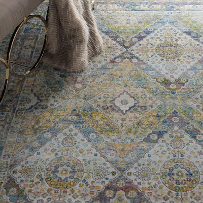 Blue Green Traditional Persian Easy to Clean Floral Rug For Dining Room Bedroom And Living Room-160cm X 229cm