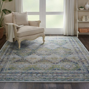 Blue Green Traditional Persian Easy to Clean Floral Rug For Dining Room Bedroom And Living Room-61 X 183cm (Runner)