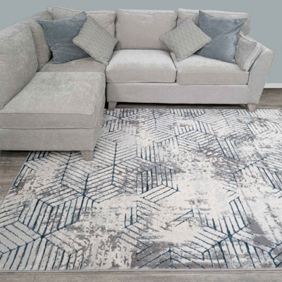 Blue Grey Distressed Abstract Metallic Geometric Living Area Rug 120x170cm