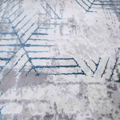 Blue Grey Distressed Abstract Metallic Geometric Living Area Rug 160x230cm