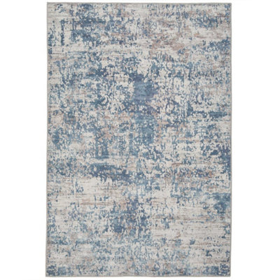 Blue Grey Distressed Abstract Washable Non Slip Rug 120x170cm