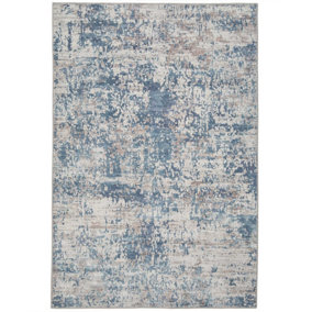 Blue Grey Distressed Abstract Washable Non Slip Rug 120x170cm