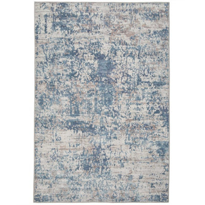 Blue Grey Distressed Abstract Washable Non Slip Rug 160x230cm