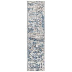 Blue Grey Distressed Abstract Washable Non Slip Runner Rug 60x240cm